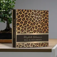 Leopard Print Pattern Brown Gold Foil Stripe Name 3 Ring Binder