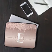 Rose Gold Brushed Metal Glitter Drips Monogrammed Laptop Sleeve