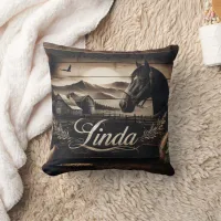 Rustic Black Horse Portrait at Sunset Landscape Throw Pillow