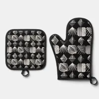 Bold Caribbean Tribal Mudcloth – Black & White,  Oven Mitt & Pot Holder Set