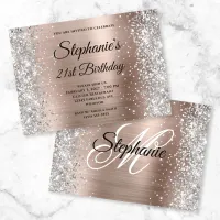 Silver Glitter Rose Gold Monogram 21st Birthday Invitation