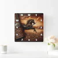 Majestic Horse Running Through Field at Dusk Square Wall Clock