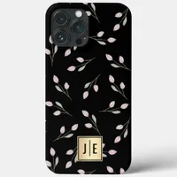 Elegant Floral Black and Gold Shiny Monogram iPhone 13 Pro Max Case