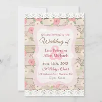 Rustic Wood Pink and Tan Floral Wedding Invitation