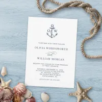 Nautical Anchor Monogram White Navy Simple Wedding Invitation