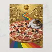 Surreal Cat on a Pizza Golden Background Postcard