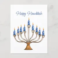 Hanukkah Menorah with Blue, White Burning Candles  Postcard