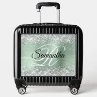 Silver Glitter Pale Mint Foil Fancy Monogram Luggage