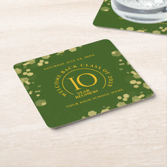 Green & Gold School College Class Reunion Square Paper Coaster