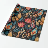 Cozy Autumn Floral Print Digital Folk Art Wrapping Paper