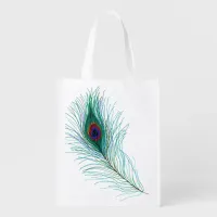 Turquoise Peacock Feather   Grocery Bag