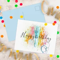 Rainbow Watercolor Stripe Paint Splatters Birthday Postcard