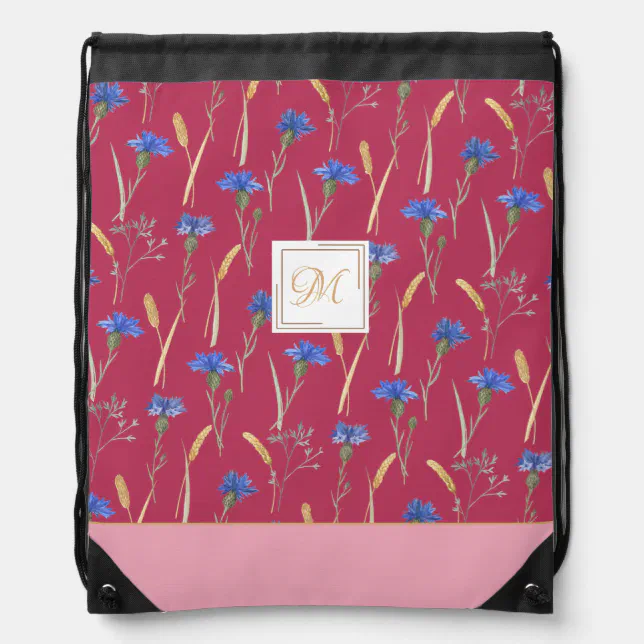 Red Floral Wildflower Customized Monogram Drawstring Bag