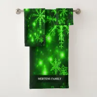Deep Green Bright Snowflakes Holidays Name Bath Towel Set