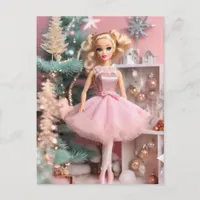 Cute Blond Doll Pink Retro Christmas  Postcard