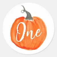 Cute watercolor pumpkin first birthday   classic round sticker