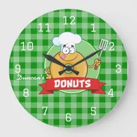 Doughnut Kitchen Chef Green Gingham Large Clock