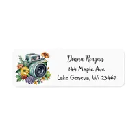 Vintage Camera with Pretty Flowers Watercolor Label