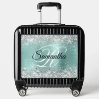 Silver Glitter Pale Turquoise Foil Fancy Monogram Luggage