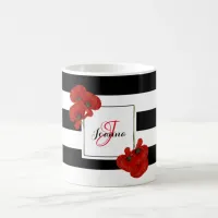 Red Poppies on Black & White Striped Background Coffee Mug