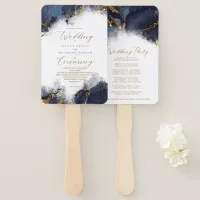 Marble Glitter Wedding Program Navy Bl Gold ID644 Hand Fan