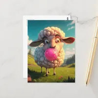 Funny Sheep Chewing Pink Bubble Gum Postcard