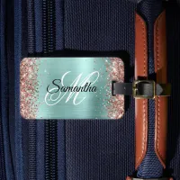 Rose Gold Glitter Pale Turquoise Fancy Monogram Luggage Tag