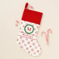 Monogram Wreath Your Name White & Red Snowflakes Christmas Stocking