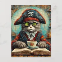 Cat pirate drinking coffee and reading postcard