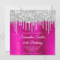 Silver Glitter Drips Hot Pink Foil 40th Birthday Invitation