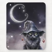 Black Halloween Cat Wearing a Witch Hat  Mouse Pad