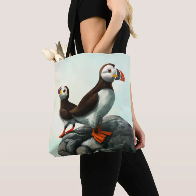 Cute Atlantic Puffins Seabirds on the Rocks Tote Bag