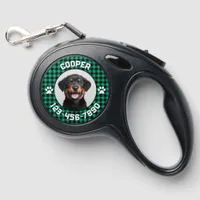 Modern Minimalist Green Tartan Plaid Photo Name Retractable Pet Leash