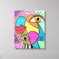 Colorful Abstract Face Red Purple Yellow Cubism Canvas Print