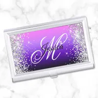 Silver Glitter Pink Indigo Gradient Fancy Monogram Business Card Case