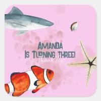 Ocean Animals Kids Shark Party Pink Thank You Square Sticker