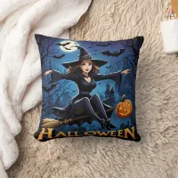 Witch soars over haunted town on Halloween Throw Pillow