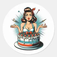 Retro Pinup Birthday Woman and Cake Classic Round Sticker