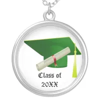 Graduation Class of 20XX Green Cap & Diploma Silver Plated Necklace