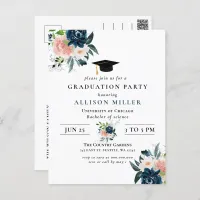 Rustic Navy Blush Floral Botanical Graduation Postcard