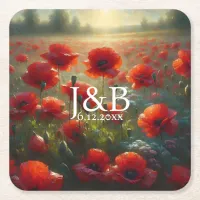 Red Poppies Floral Wedding Personalized Square Paper Coaster