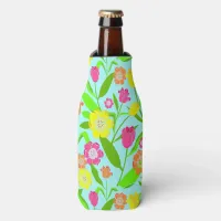 Cute Vintage Floral Tulip Pattern on Aqua Blue Bottle Cooler