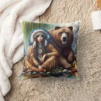 Native American Woman With Bear by Water Throw Pillow