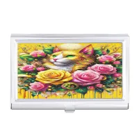 Feline Amidst a Vibrant Floral Bloom Business Card Case