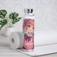Pretty Anime Girl in Pink Pigtails Water Bottle