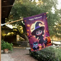 Cute little witch with cats and pumpkins, custom  house flag