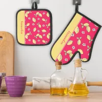 Lemon Pattern Hand Drawn Fun Bold Modern Kitschy Oven Mitt & Pot Holder Set