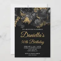 Gold Foil Floral Glam Black 50th Birthday Invitation