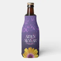 Elegant Golden Daisy with Purple Glitter Wedding Bottle Cooler