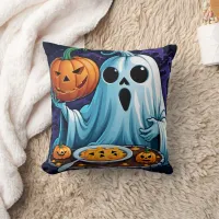 Ghost celebrating Halloween with pumpkins Throw Pillow